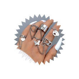 Wendalern Punk Chain Rings Set Ghost Butterfly Heart Charm Rings with Tassel Chain Stackable Link Chain Rings Vintage Open Knuckle Finger Rings Y2k Costume Jewelry for Women Girls