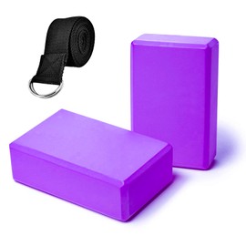 Yoga Blocks 2 Pack Set - (Yoga Brick with 1 Yoga Strap) High Density Soft Non-Slip Pilates Meditation EVA Foam for Women (Purple)