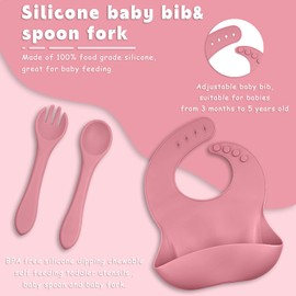 TQONEP Silicone Baby Feeding Set,Baby Led Weaning Supplies Suction Divided Plates Adjustable Silicone Toddler Soft Bowl Spoons Forks Silicone Toddler Cup BPA Free（Pink & White 12 PACK）