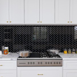 VaryPaper 20 Sheets Black Herringbone Peel and Stick Backsplash for Kitchen Wall Tiles Waterproof Self Adhesive Tile Stickers Back Splash Stick on Tiles for Bathroom Fireplace Laundry Room 12''x12''