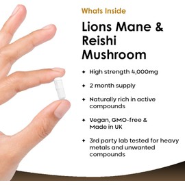 Lion's Mane & Reishi Mushroom Capsules - 4000mg High-Strength Lion's Mane Supplement with Reishi - 120 Vegan Capsules with Lion's Mane & Reishi Mushroom Powder - UK-Made by New Leaf