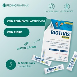 Biotivis Junior–Fermenti Lattici Probiotici per Bambini-con 10 Mld di Probiotici, FOS e Vitamine B-Per l'equilibrio della Flora Batterica-Senza Glutine e Lattosio-12 Stick orosolubili da 1,3 g