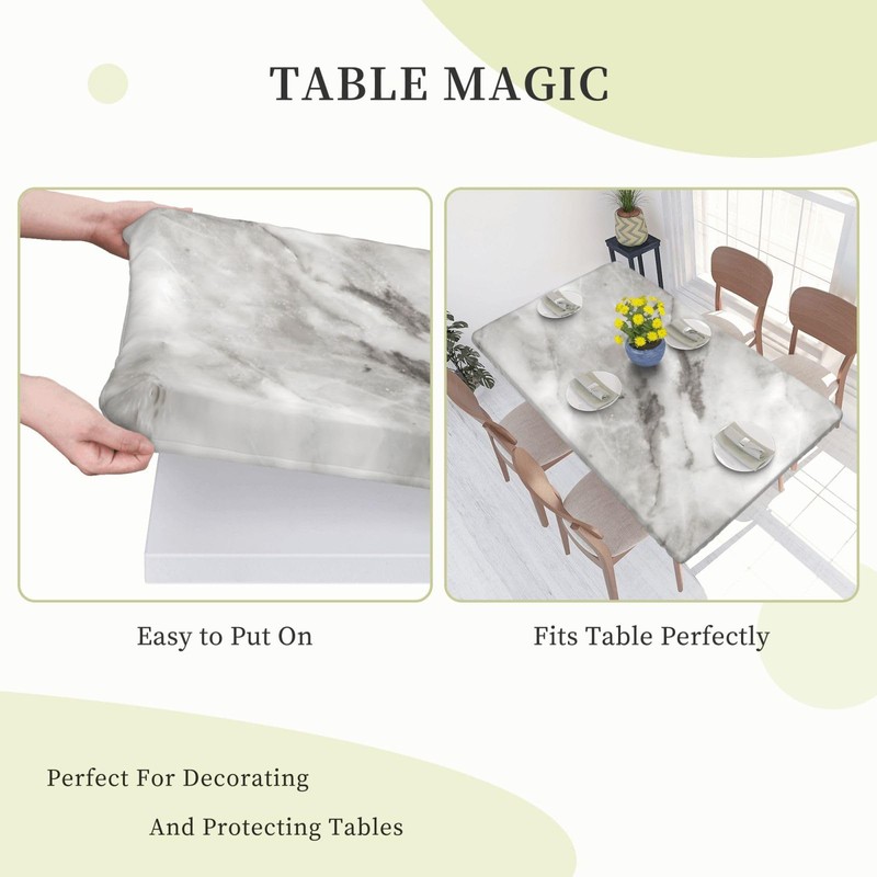 Gray and White Marble Texture Rectangular Tablecloth with Elastic Edge