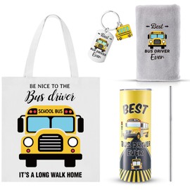 Patelai 4 Pcs School Bus Driver Gifts Appreciation Gifts for Women Men 20 oz Stainless Steel Bus Driver Tumbler and Lids Funny Bus Driver Canvas Bag Keychain Towel for End of Year Retirement Gifts