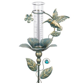 Fastruggle Rain Gauge Outdoor - 7" Glass Rain Gauge Tube - Hummingbird Decorative Rain Gauges for Yard Garden, Freeze Proof Height Adjustable, Metal Water Gauge for Rain