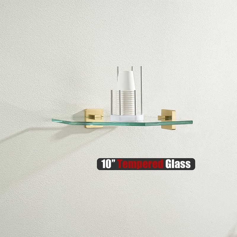 JQK Corner Glass Shelf, Brushed Gold Bathroom 304 Stainless Steel