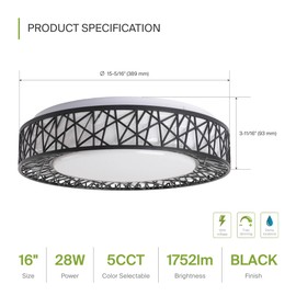 ASD 16 Inch LED Flush Mount Ceiling Light Fixture for Bedroom, 28W 1752LM 5CCT 2700K-5000K, Triac Dimmable Lights, Dining, Living Room, Kitchen Lamps, Modern Home Lighting Fixtures, Black, ETL, 4 Pack