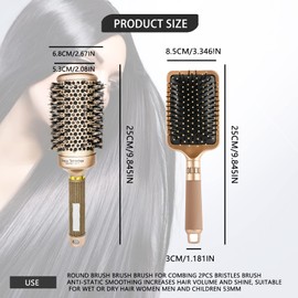 Rundbürste Haarbürste Paddelbürste zum Entwirren 2PCS Haarbürste Haarbürste Antistatisch Glätten Hinzufügen Haar Volumen und Glanz Perfekt für Nasses Oder Trockenes Haar Frauen Männer Kinder 53MM