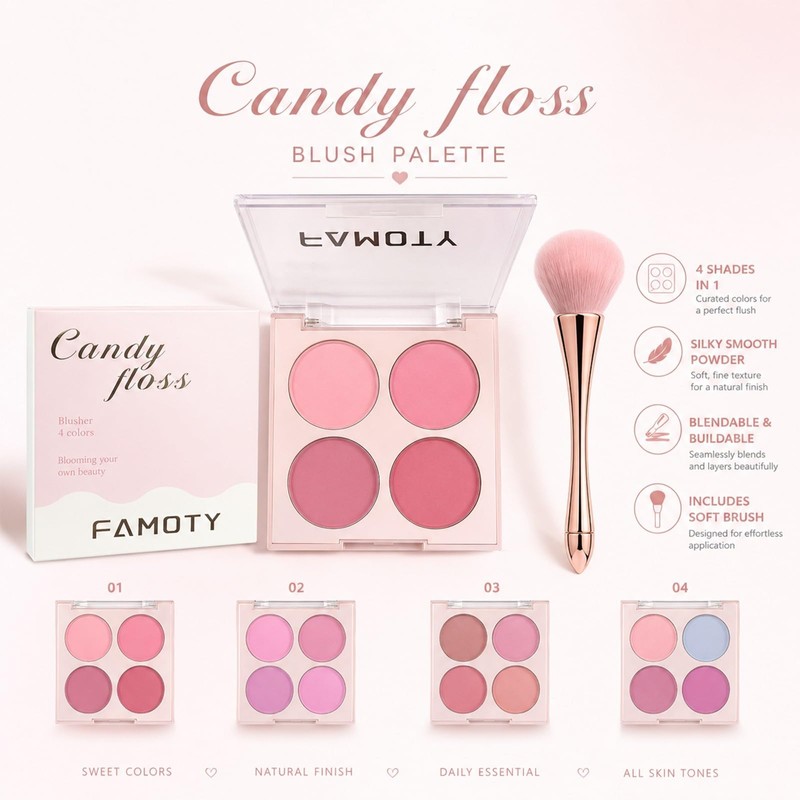 4 Color Blush Palette with Brusher Set for Cheeks(#02)