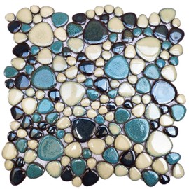 Primoon Pebble Tiles 5 Sheets, Aqua Teal Blue Mosaic Tiles for Accent Wall Backsplash, Pebble Tile for Bathroom Shower Floor
