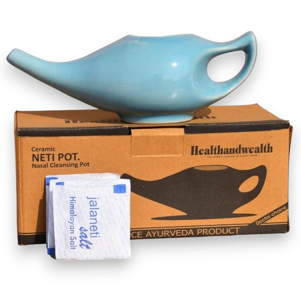 HEALTHANDWEALTH Durable Ceramic Neti Pot - Non-Metallic - Comfortable Grip - Natural Treatment for Sinus Infection +10 Sachet Neti Salt, 225 Ml. (7.6 FL Oz) Capacity Sky Blue