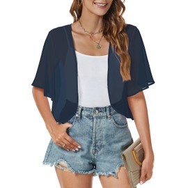 Women's Wedding Bolero Shrug Summer Tops Short Sleeve Sheer Lightweight Crop Cardigan Blouse（Navy Blue，S）