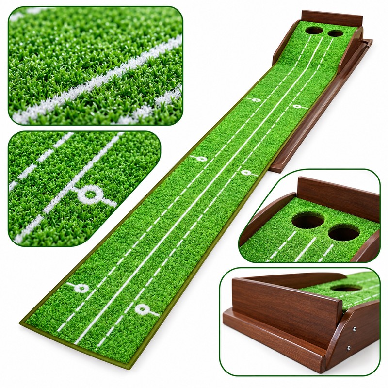Golf Putting Mat with Wooden Automatic Ball Return, 2-Hole Indoor