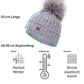 Faera Winter Hat Women's Hat Lined with Faux Fur Bobble Hat Girls Fleece Lining Winter Knitted Hat Beanie Men 34, lightgrey