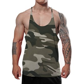 JEEING GEAR Men's Stringer Bodybuilding Workout Gym Tank Tops Y Back Cotton Color Green Camo Size S