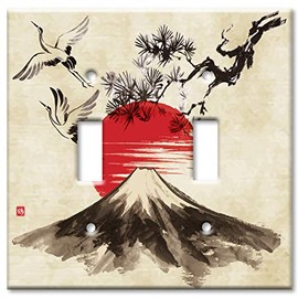 Art Plates 2-Gang Toggle OVERSIZED Switch Plate - OVER SIZE Decorative Metal Wall Plate - Cranes Flying Over a Volcano Drawing - (Made in USA)