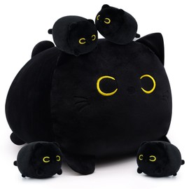 KOPHINYE 5PCS Black Cat Plush Toy Set, 12inch Cat Plush Pillow and 4 Mini Black Cat Stuffed Animal, Cute Cat Plush Toys for Kids Boys and Girls, Christmas Birthday Valentines