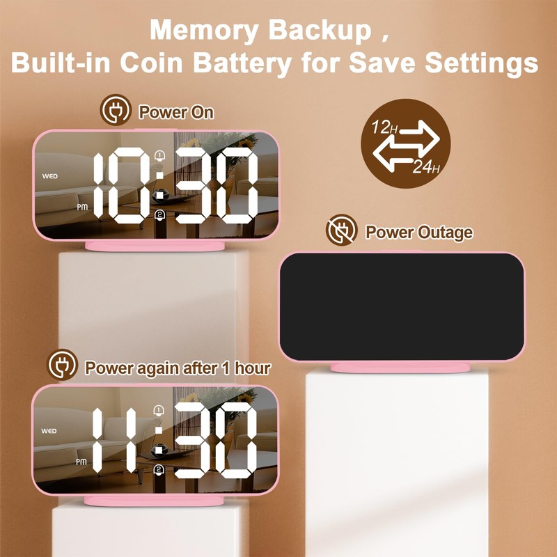 ALANAS Pink Mirror Digital Alarm Clock for Girls & Teens,