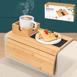 Joy&Grace Sofa Armrest Tray with Large Mug Cup Holder - Bamboo Couch Arm Tray Anti-Slip Couch Cup Holder Tray Clip - Foldable Sofa Arm Table Tray on Wide Couches for Eating Drinks Cellphone Remote