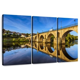 ElephantStock - Ponte Da Barca Bridge Wall Art - Horizontal Multi Panel Canvas - 3 Piece Living Room Wall Decor - Photography Architecture Multi Piece Wall Art - Blue And Green Decor - 23" x 14"