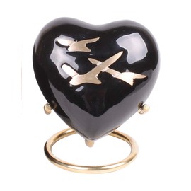 Small Urn for Ashes with Upgraded Lid, Mini Heart Memorial Urn with Box and Stand, Black Birds