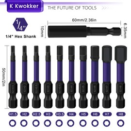K Kwokker 11pcs 50mm Hex Allen Key Bit Set, S2 Steel Metric Hex Head Allen Wrench Drill, 1.5MM-8MM 1/4" Hex Shank Magnetic Inner Hexagon Screwdriver Bit with 60MM Long Magnetic Bit Holder