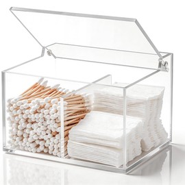 WORHE Cotton Swab Ball Holder Rectangular Qtip Holder with Lid 2 Grid Acrylic Clear Container for Cotton Balls, Makeup Pads, Cosmetics (DP004)