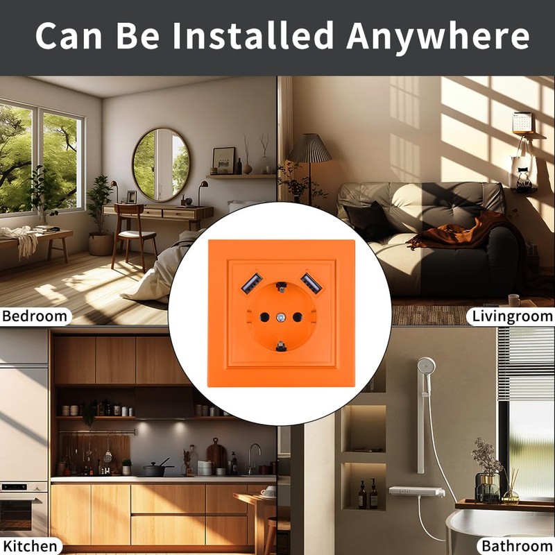 Wall Socket with USB Flush-Mounted Plug, 2 USB Sockets, Wall