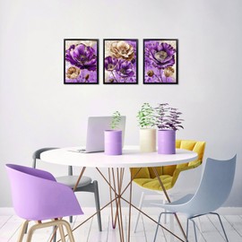 LevvArts Framed Floral Canvas Wall Art Set of 3 Poppy Flowers Paintings Green and Brown Bathroom Decor (Purple)