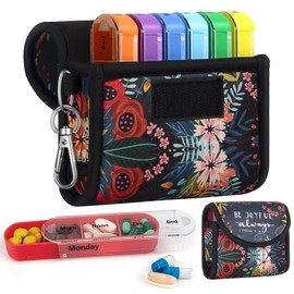 bvya Pill Organizer Case, Weekly Travel Pill Case Medication Reminder Daily AM PM, Day Night 7 Compartments,for 4 Times A Day, 7 Days a Week-Includes Printed Patterns Neoprene Carrying Case With Portable Hook