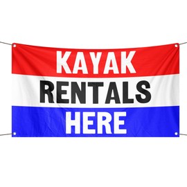 Kayak Rentals Here Business Advertisement Banner - 3x5 ft High-Durability Polyester Fade-Resistant, Weatherproof Outdoor/Indoor Flag