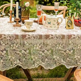 French Embroidery Lace Tablecloth - Round/Rectangular/Square Options for Coffee Tables, Vintage Beige Lace Table Cover for Kitchen, Dining Room, Party, Banquet, Wedding, Picnic, Home Decor（90*53in）