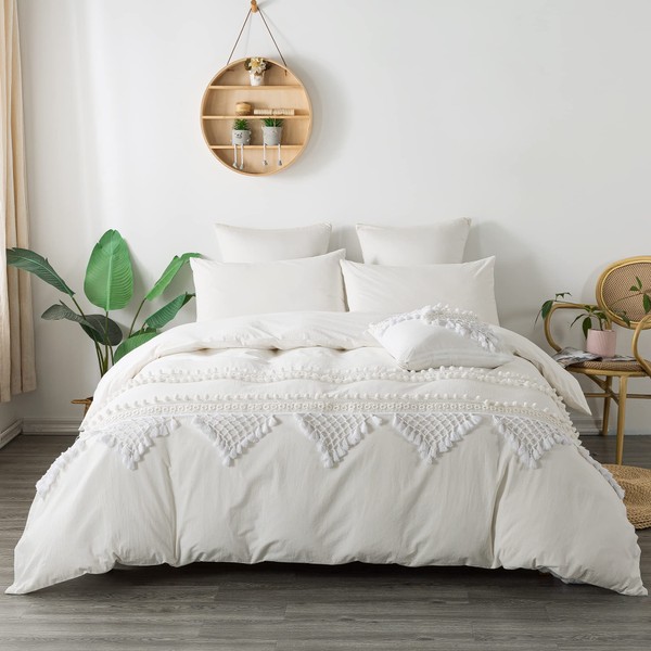 Softta 3Pcs Duvet Cover Set Twin XL 69 x 92 inches Luxury Boho Girls Triangle Tassel Fringed Bedding Set Ultra Soft Hidden Zipper Closure Elegant White 100% Washed Cotton Bedding Collections