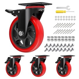 5 inch Swivel Caster Wheels with Safety Total Lock, Total Capacity 1200lbs, 360 Degree Heavy Duty Plate Casters (Pack of 4,Red)
