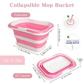 XXFLOWER Large Collapsible Bucket for Cleaning, 4.2 Gallon (16L) Silicone Bucket with Handle & Hanging Hole, Foldable Space-Saving Mop Bucket for Home, Storage. Car Wash, Camping, Beach (Pink White)