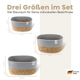 NORDIS DESIGN Storage Baskets Set of 3 Water Hyacinth and Cotton, Bathroom Storage Basket, Braided as Basket Set for Bathroom Storage & Bathroom Organisation, Grey