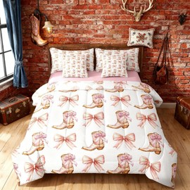 7 Pieces Western Cowgirl Comforter Set Full,Pink Bowknot Cowgirl Boots Rustic Farmhouse Bedding Set,Bow Tie Geometric Patchwork Golden（Comforter+Fitted+Flat Sheet+2 Pillowcases+2 Throw Pillow Covers）