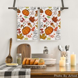 Artoid Mode Leaves Pumpkin Pinecone Thanksgiving Kitchen Towels Dish Towels, 18x26 Inch Farmhouse Holiday Decoration Cleaning Set of 2