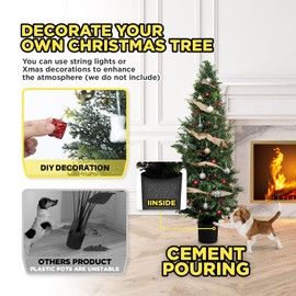 Coonoble Artificial Narrow Christmas Trees 5Ft Tall Cedar Tree Faux Topiary Set of 1, Fake Xmas Tree Topiary Boxwood Plant with Planters for Front Porch Home Decorations Outdoor Indoor Green Décor