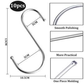 huiyonglan 10 Pcs S Hooks, 13cm Large S Shaped Hook, S Hooks for Hanging, Multi Purpose Stainless Steel Heavy Duty Metal S Hook for Hanging, for Kitchen Bathroom Bedroom Living Room Office Pan Cup