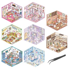 8 Sets DIY 3D House Stickers with Tweezers, Fun 3D Sticker Scene Make Your Own Mini Room Scenes, Kawaii Cartoon Cute Stickers for Adult Relief Stress Pass The Time (5.8 Inch)