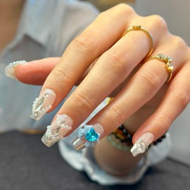 10 Pcs Handmade Press on Nails for Women Girls,Silver French Tip Medium Coffin Ballerina Aesthetic Gel Fake Nails,Fashion Thick Flase Nails,Salon Perfect Designer 3D Hand-painted Nails,XS