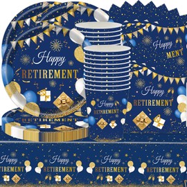 61-Piece Blue Retirement Tableware Set, Blue and Gold Party Decorations Includes Farewell Party Decorations Supplies, Happy Farewell 9 Inch Plates Tissue Paper Cups Tablecloth (20 Guests)