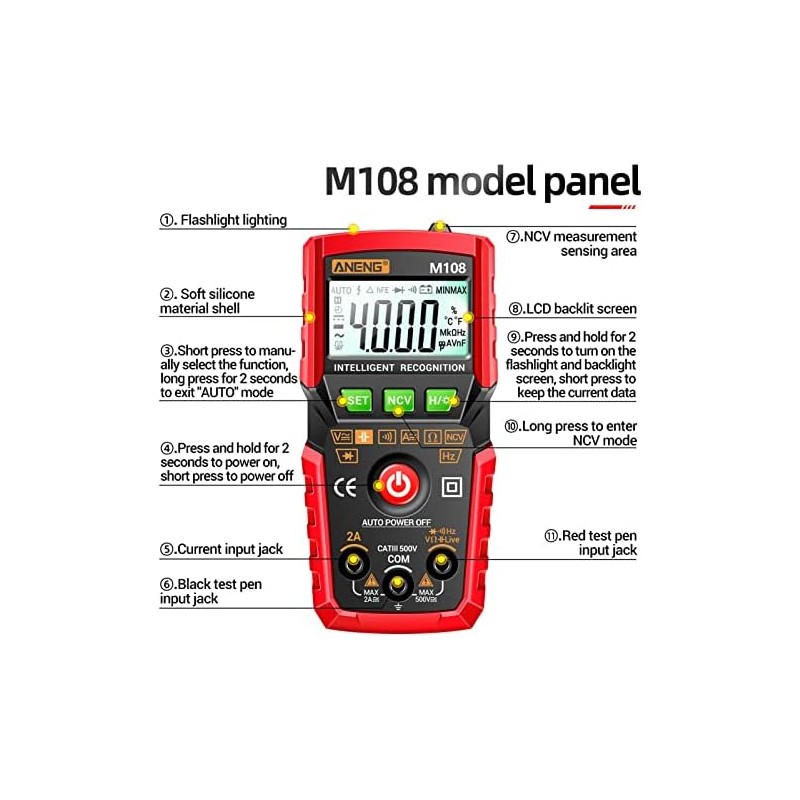 M108 Multímetro Digital 4000 recuentos NCV Medidor Universal Probador Multifuncional