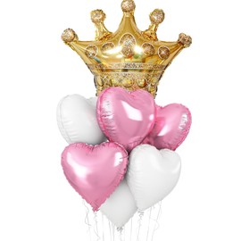 Adorely Pink White Princess Balloons, 7pc Set: 18Inch Pink White Heart & 27Inch Gold Crown Foil Balloons for Multi-purpose Celebrations