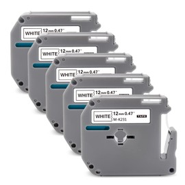 5PK 12mm 0.47 M-K231s M Tape Compatible with Brother M Tape 12mm 0.47 White M-k231 M-k231s，Black on White for Brother 12mm 1/2 M Tape Label Maker Tape for Brother PTouch PT-65 PT-90 PT-M95 PT-70BM