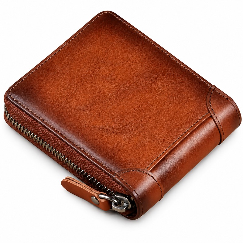 Men's Genuine Leather Zipper Wallet – Compact Short Wallet with