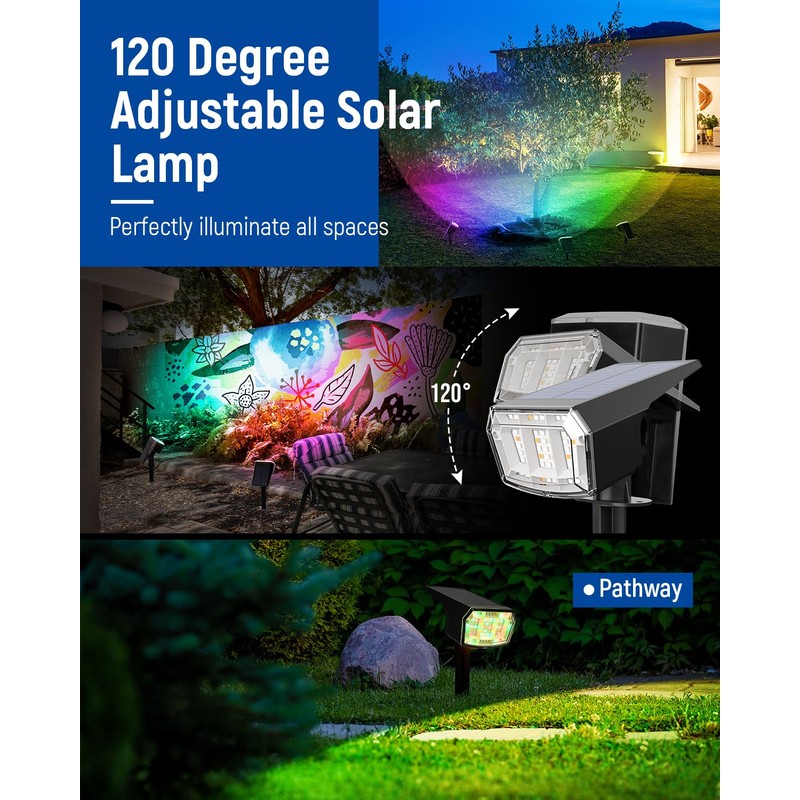 AUDERWIN Solar Spot Lights Outdoor, 9 Lighting Modes RGB, Solar