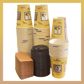 Pokanic Paper Cups [12 oz] Lids and Sleeves x [25 Pack] Disposable Hot Cold Beverage Drinking Coffee Water Juice Tea Party Travel Events Cafe Restaurant School Office Home (25 Set, 12 oz)
