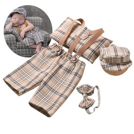 Newborn Boy Photography Props Romper Baby Photoshot Plaid Overalls Bowtie Flat Cap Newsboy Photo Outfits 4 PCS (Beige -01)